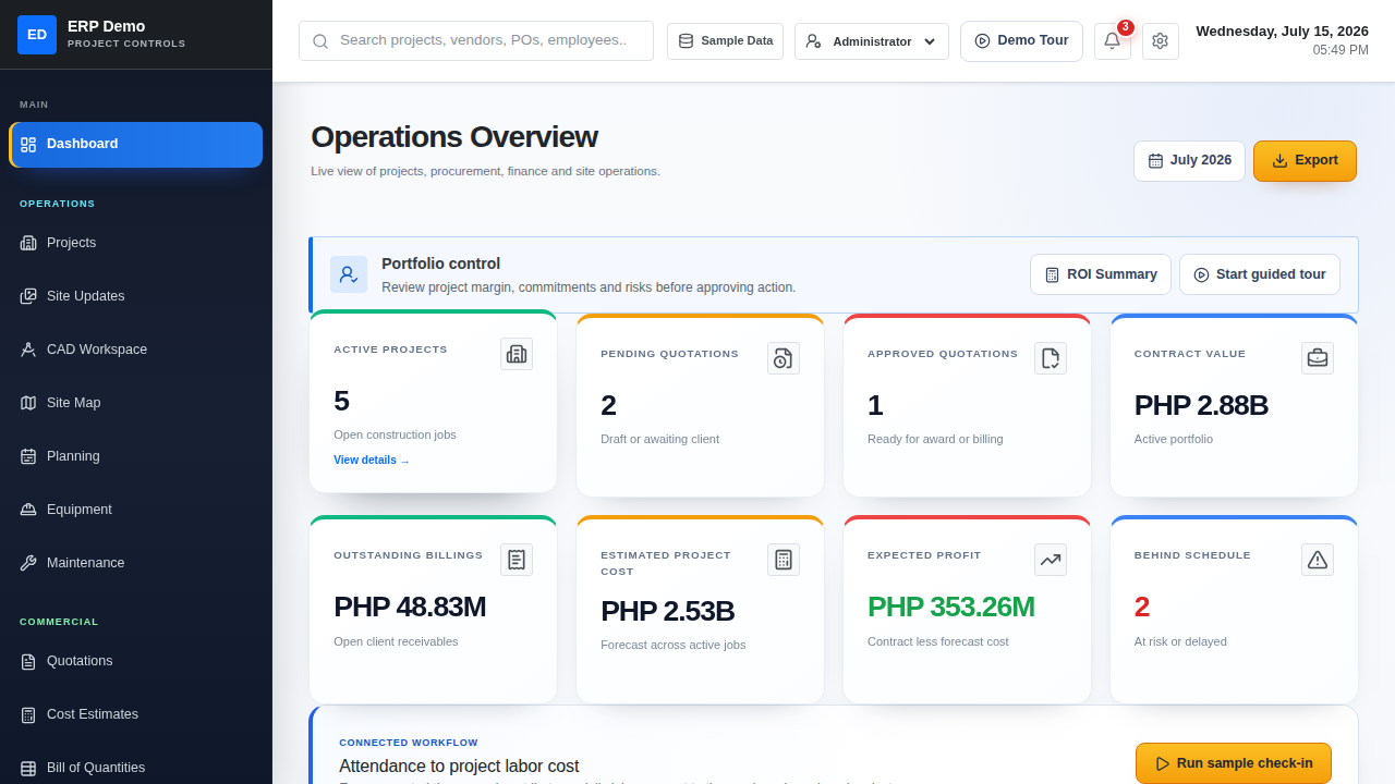 Preview of the Construction ERP operations dashboard available after requesting demo access