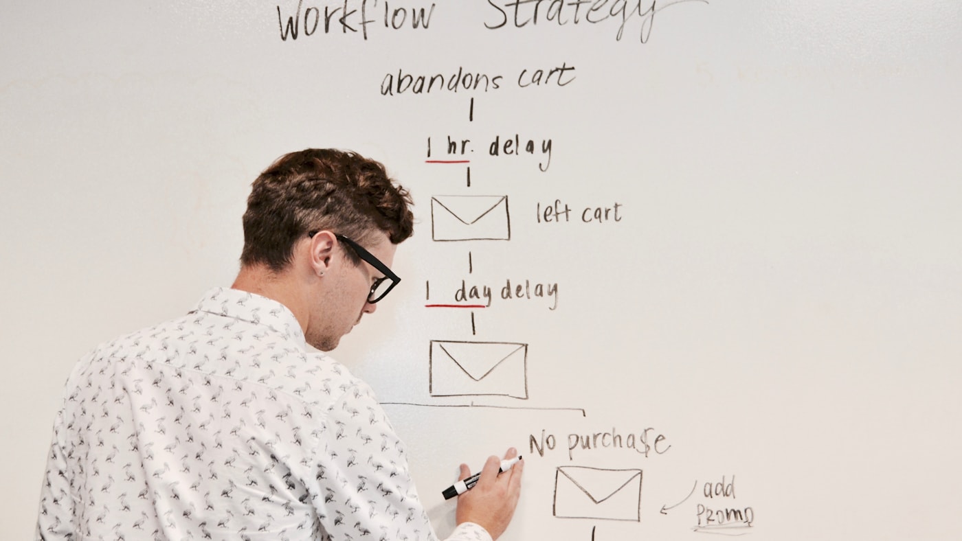 Business team mapping a workflow on a whiteboard